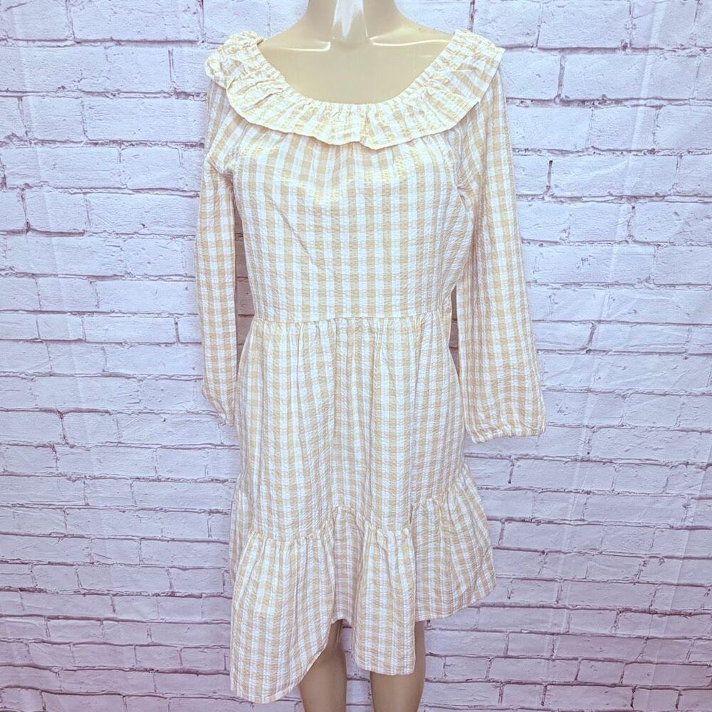J. Crew Womens Light Khaki White Seersucker Ruffle Neck Cotton Mini Dress Size 4